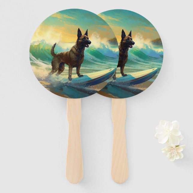 Éventail Peinture de Surf sur Plage Malinois Belge (Devant et derrière)
