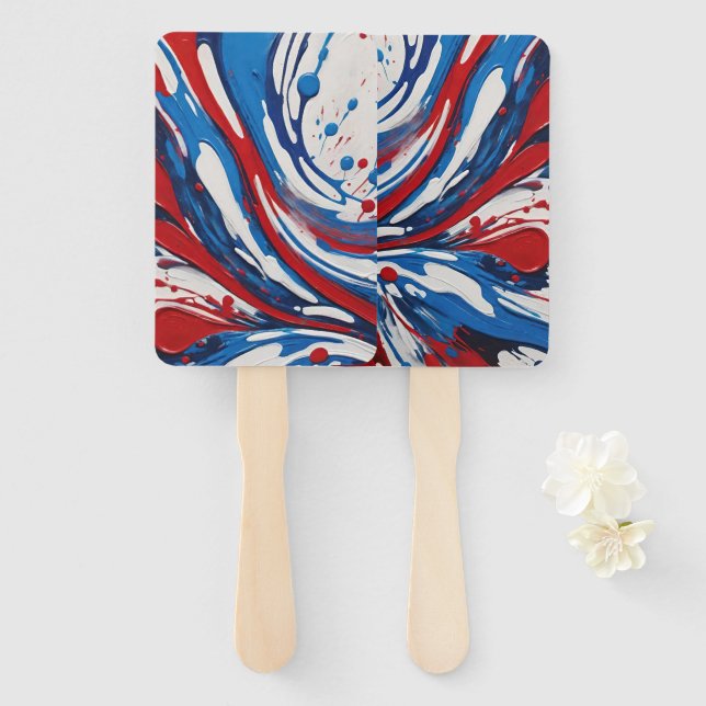 Éventail Peinture rouge, blanche et bleue éclaboussures et  (Devant et derrière)