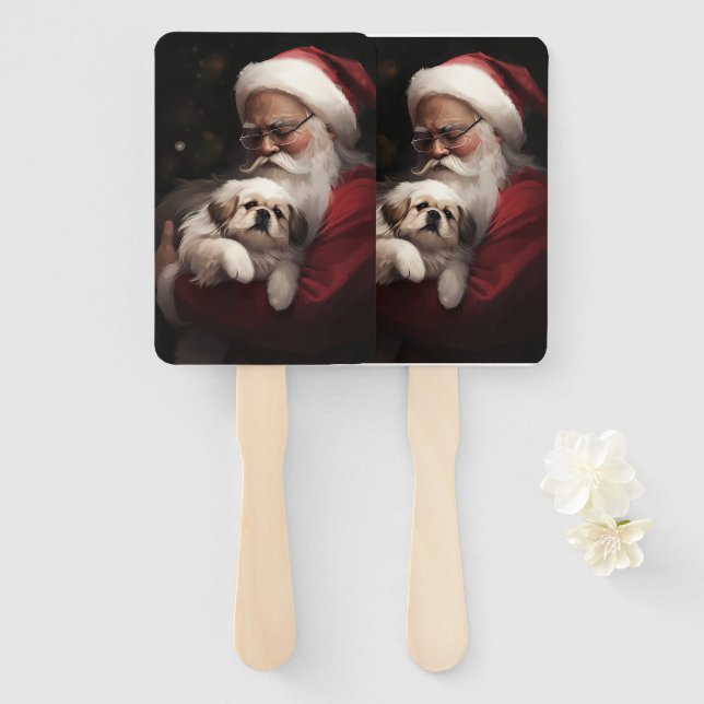 Éventail Pekingese avec le Père Noël Festif Noël (Devant et derrière)