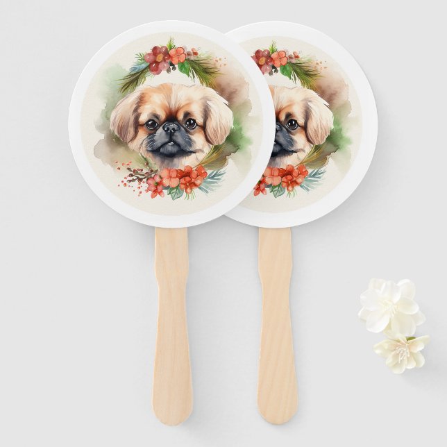 Éventail Pékinois Couronne de Noël Chien de fête (Devant et derrière)