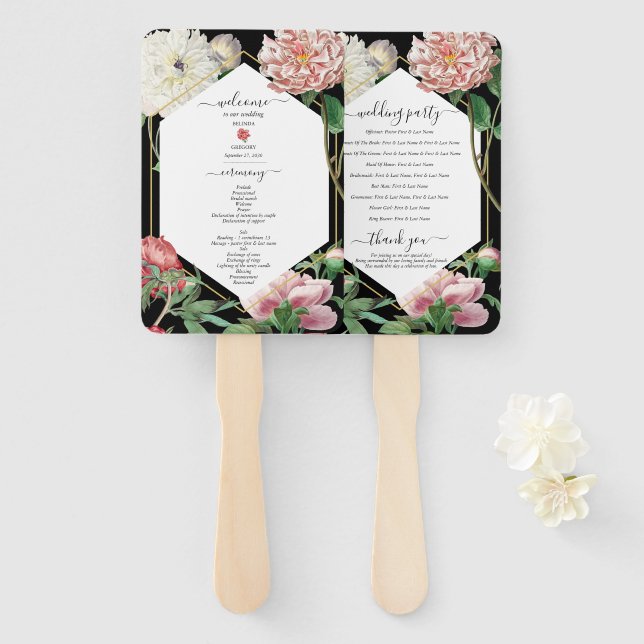 Éventail Peonies blanches roses Fleurs Mariage Black Progra (Devant et derrière)
