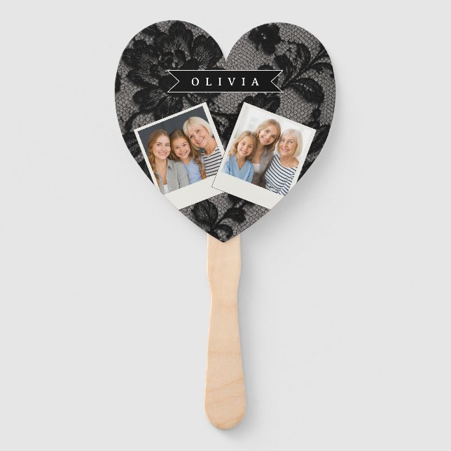 Éventail Personalized Black Lace Floral Elegant Monogram (Devant)