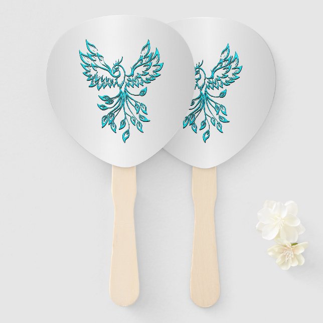 Éventail Phoenix bleu turquoise se lève sur l'argent (Devant et derrière)