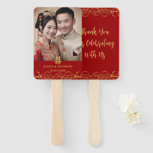 Éventail Photo de couple floral doré pour mariage chinois d