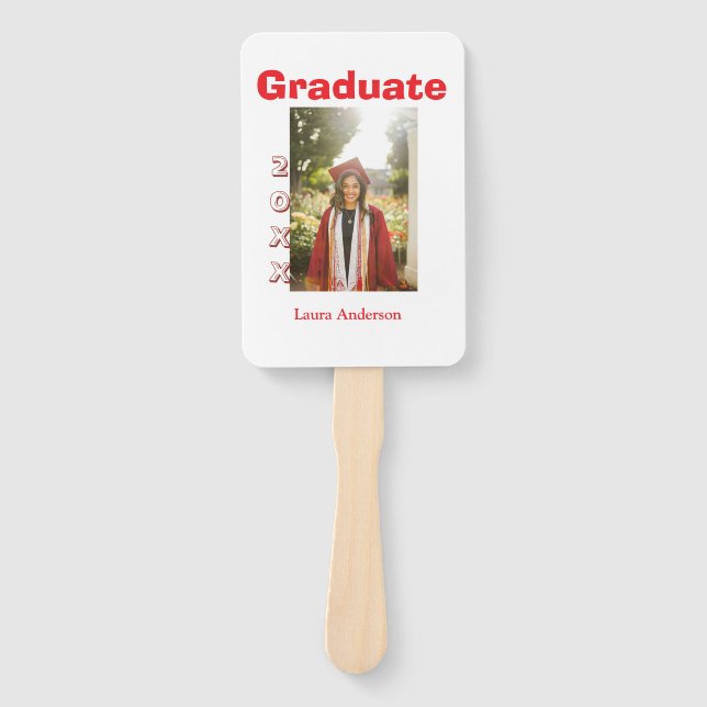 Éventail Photo de graduation en gras rouge avec nom et text (Devant)