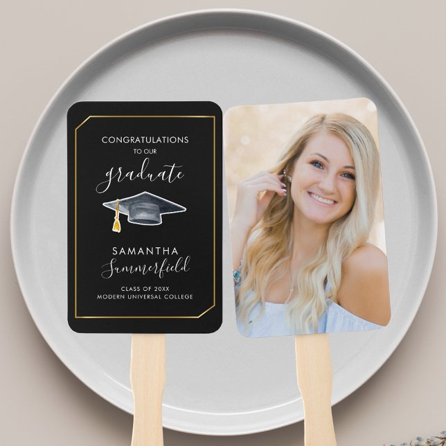 Éventail Photo de remise des diplômes 2026 Script Grad Noir (Graduation 2025 Photo Script Grad Black Party Hand Fan)