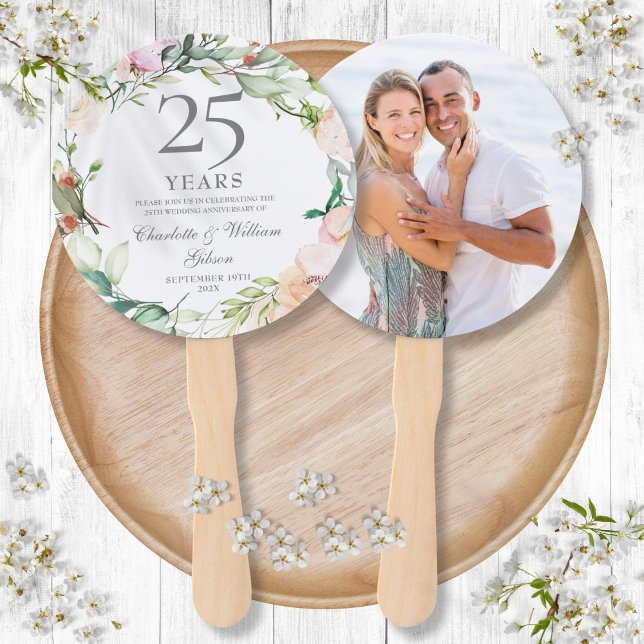 Éventail Photo de roses florales pour les 25 ans d'annivers (25th Silver Wedding Anniversary Floral Roses Photo Hand Fan)