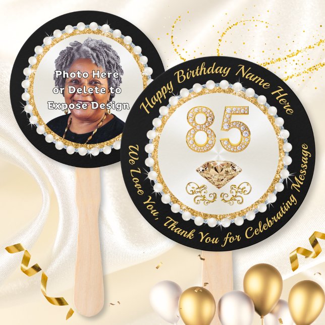 Éventail Photo Personalize, Party Favors for 85th Birthday, (85th birthday party ideas for mom, grandma or her. Change black to your 85th birthday color motif. )