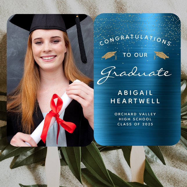 Éventail Photo personnalisée 2025 Graduation en métal bleu  (Créateur téléchargé)