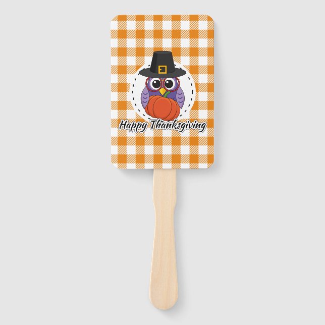 Éventail Pilgrim owl on Orange Plaid - Happy Thanksgiving (Devant)