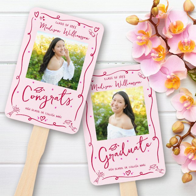 Éventail Pink Red Hand Drawn Doodle Graduation 2 Photo Fun (Créateur téléchargé)