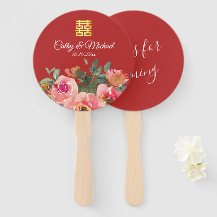 Éventail Pivoine double bonheur floral mariage chinois roug