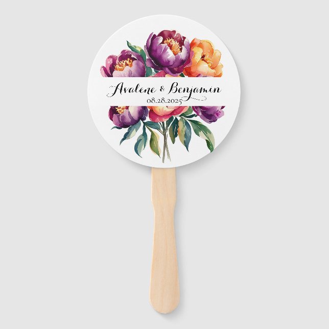 Éventail Plum et orange Aquarelle Peony Bouquet Mariage (Devant)