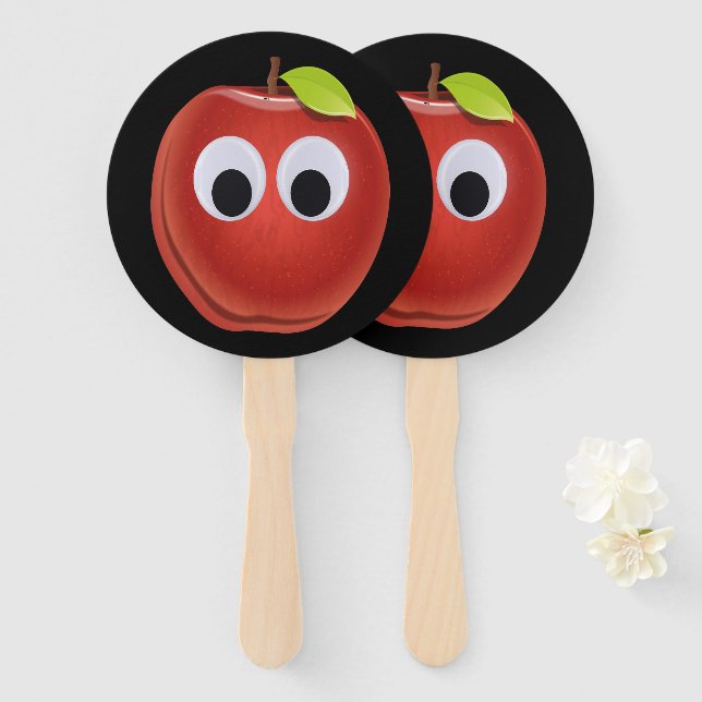 Éventail Pomme rouge drôle avec yeux de googly (Devant et derrière)
