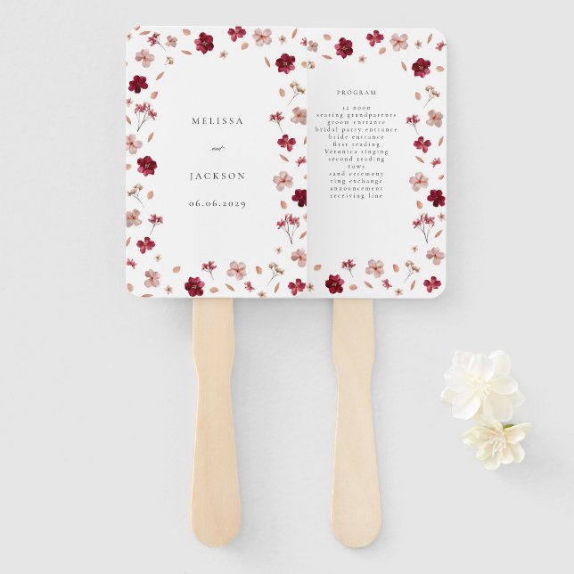 Éventail Pressé rose rouge et crème, programme de mariage f (Devant et derrière)