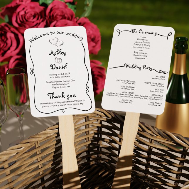 Éventail Programme de cérémonie de mariage à doodle noir et (Black and White Doodle Wedding Ceremony Program Hand Fan)