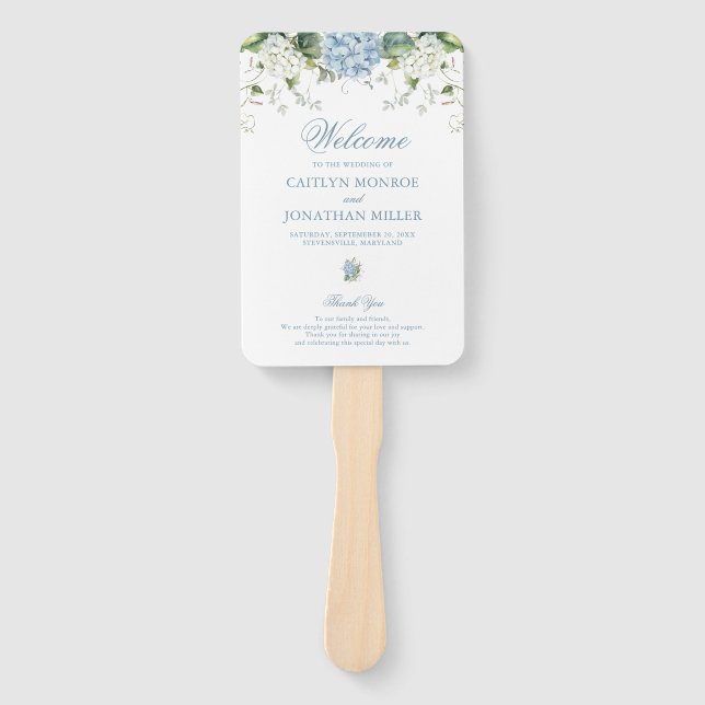 Éventail Programme de cérémonie de mariage à fleurs bleu po (Devant)