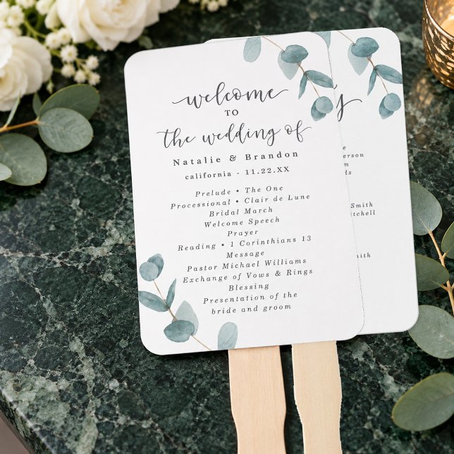 Éventail Programme de cérémonie de mariage à la calligraphi (Eucalyptus Wedding Ceremony Program Hand Fan front and back. Styling props not included.)