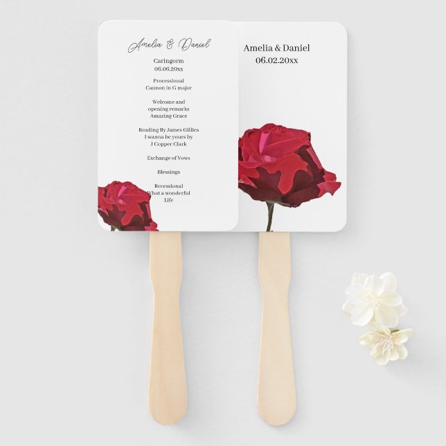 Éventail Programme de cérémonie de mariage à la rose rouge  (Devant et derrière)