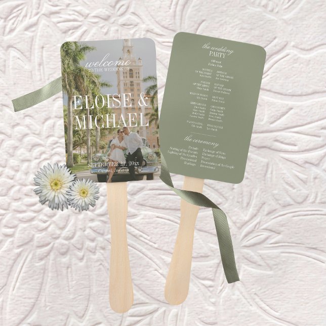 Éventail Programme de cérémonie de mariage à l'écriture ver (Modern Sage Green Script Wedding Ceremony Program Hand Fan)