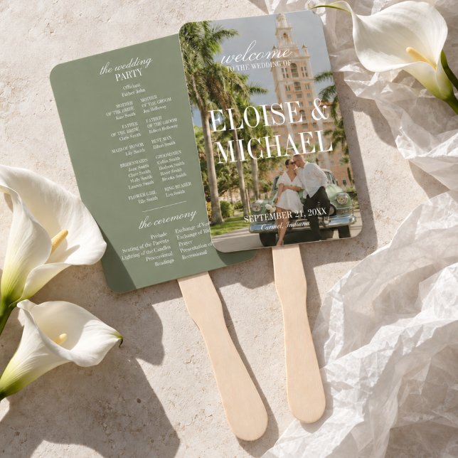 Éventail Programme de cérémonie de mariage à l'écriture ver (Modern Sage Green Script Wedding Ceremony Program Hand Fan)