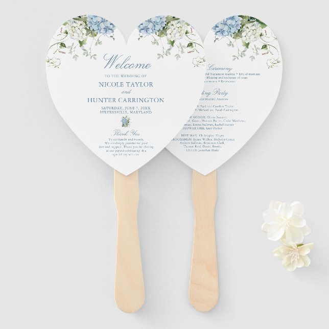 Éventail Programme de cérémonie de mariage aux hortensias b (Devant et derrière)