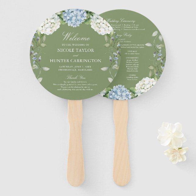 Éventail Programme de cérémonie de mariage aux hortensias b (Devant et derrière)