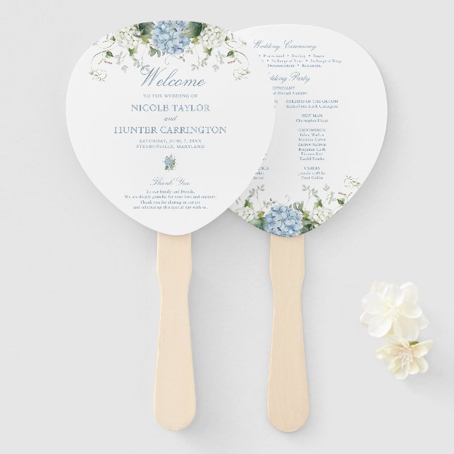 Éventail Programme de cérémonie de mariage aux hortensias b (Devant et derrière)