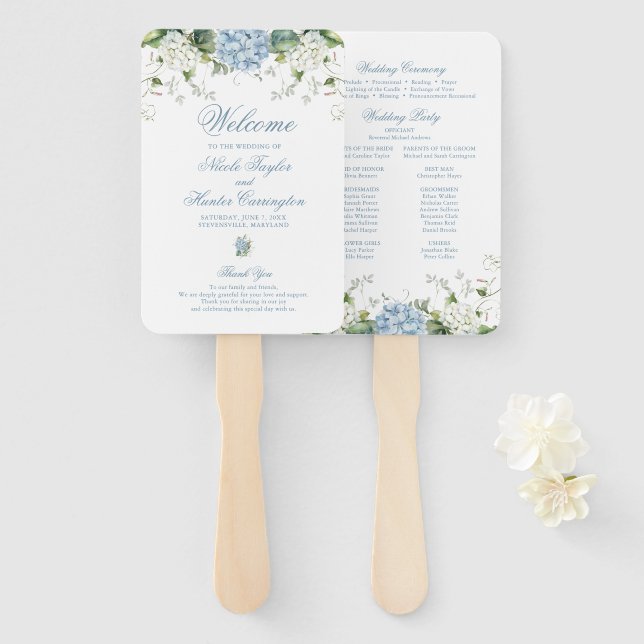 Éventail Programme de cérémonie de mariage aux hortensias b (Devant et derrière)