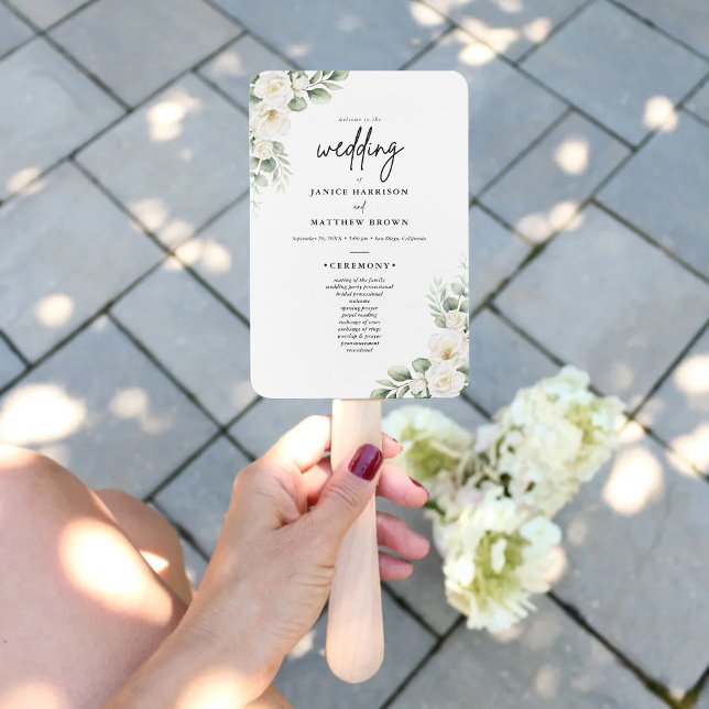 Éventail Programme de cérémonie de mariage avec verdure d'e (Boho eucalyptus greenery program fan keeps guests cool while adding fresh personalized wedding charm)