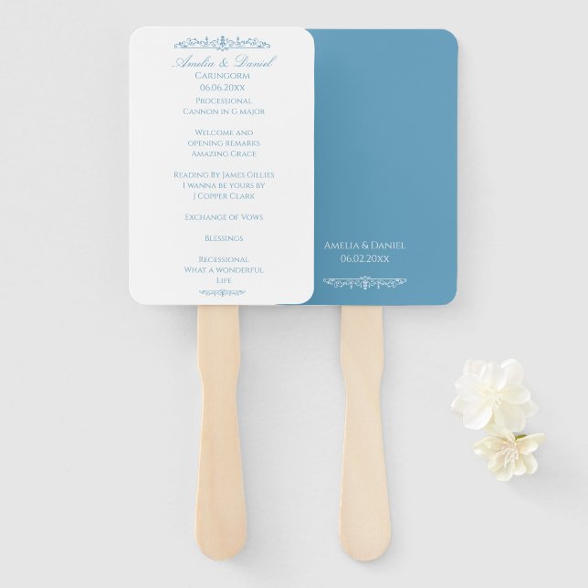 Éventail Programme de cérémonie de mariage bleu et blanc Ré (Devant et derrière)