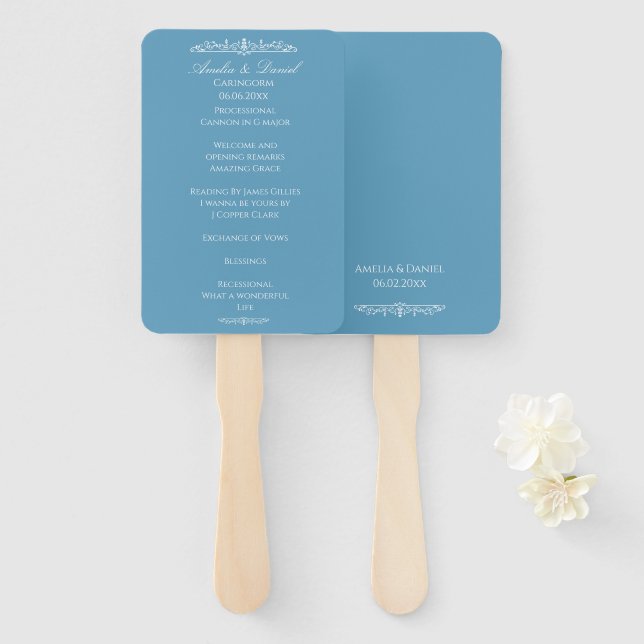 Éventail Programme de cérémonie de mariage bleu Régence (Devant et derrière)