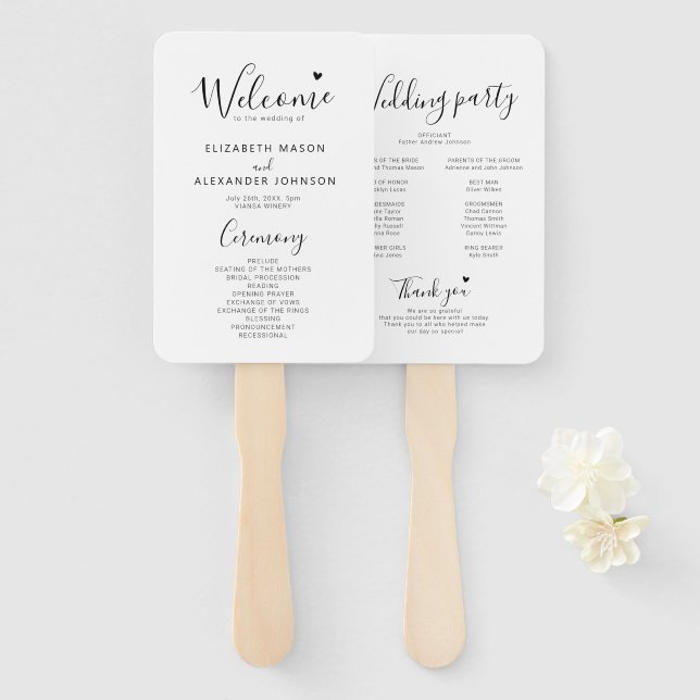 Éventail Programme de cérémonie de Mariage de script minima (Devant et derrière)