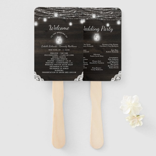 Éventail Programme de cérémonie de mariage en bois rustique (Devant et derrière)