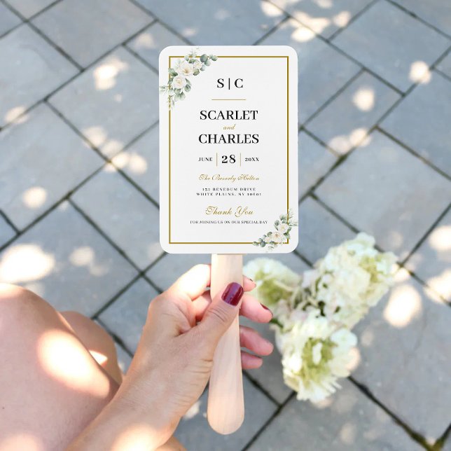 Éventail Programme de cérémonie de mariage Eucalyptus White (Eucalyptus white rose program hand fan keeps guests cool with timeless ceremony elegance.)