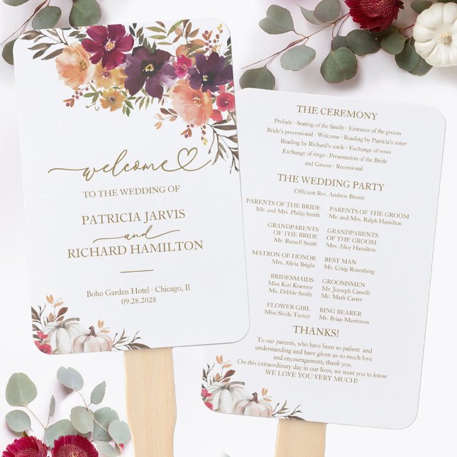 Éventail Programme de cérémonie de mariage floral automnal  (Créateur téléchargé)