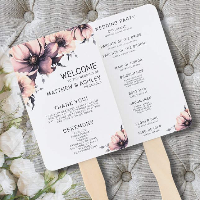 Éventail Programme de cérémonie de mariage floral boho rose (Ceremony Programs Modern Boho Floral Pink Wedding Hand Fan)