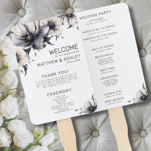 Éventail Programme de cérémonie de mariage floral noir et b