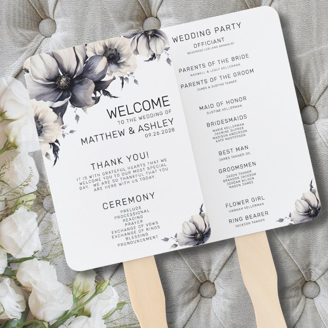 Éventail Programme de cérémonie de mariage floral noir et b (Ceremony Programs Boho Floral Black White Wedding Hand Fan)