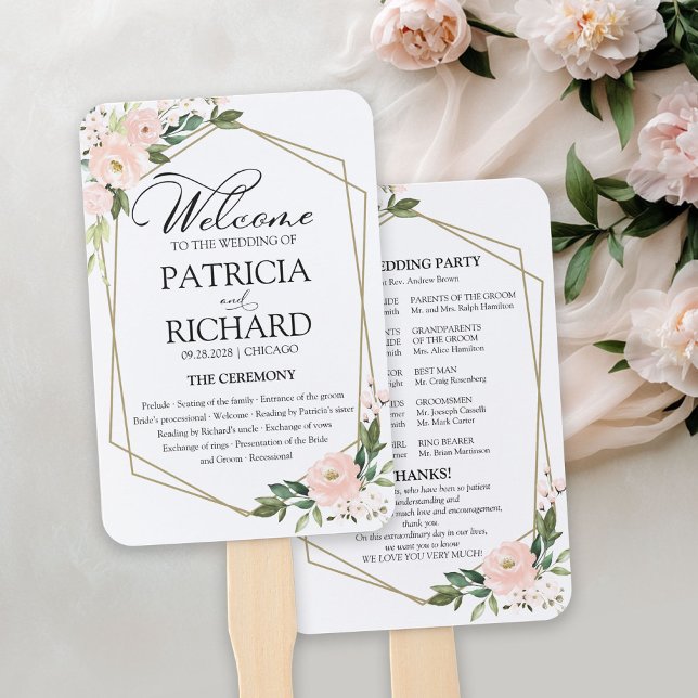Éventail Programme de cérémonie de mariage floral rose blus (Créateur téléchargé)