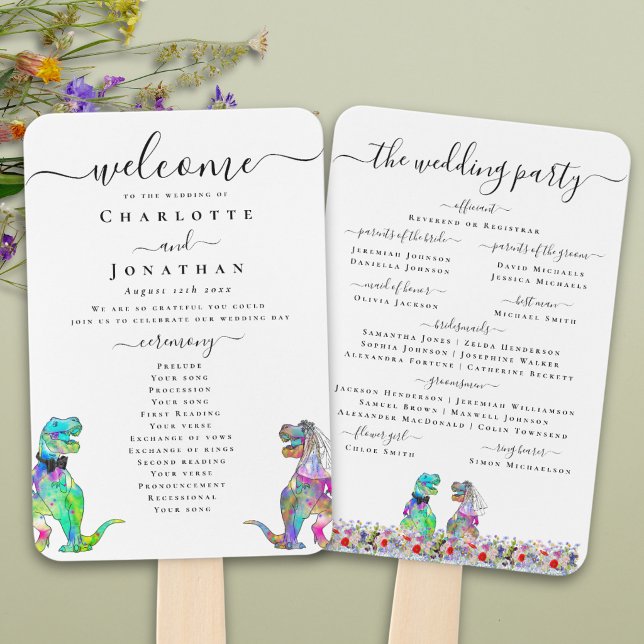 Éventail Programme de cérémonie de mariage floral sur le th (Watercolor wildflower dinosaur T-Rex bride and groom wedding ceremony program fan Vibrant bold color)