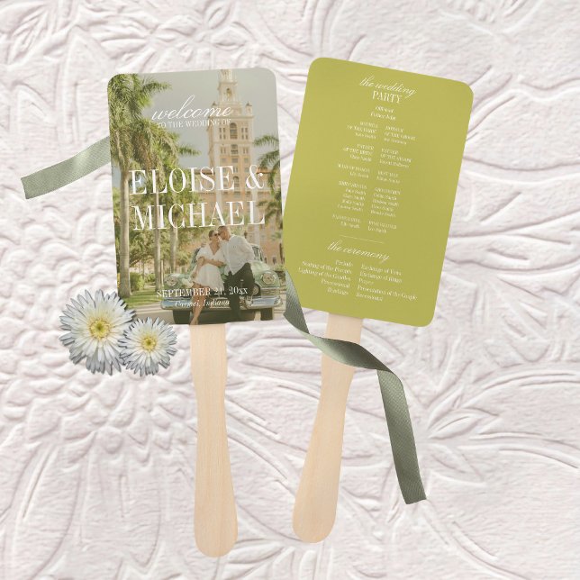 Éventail Programme de cérémonie de mariage moderne Chartreu (Modern Chartreuse Script Wedding Ceremony Program Hand Fan)