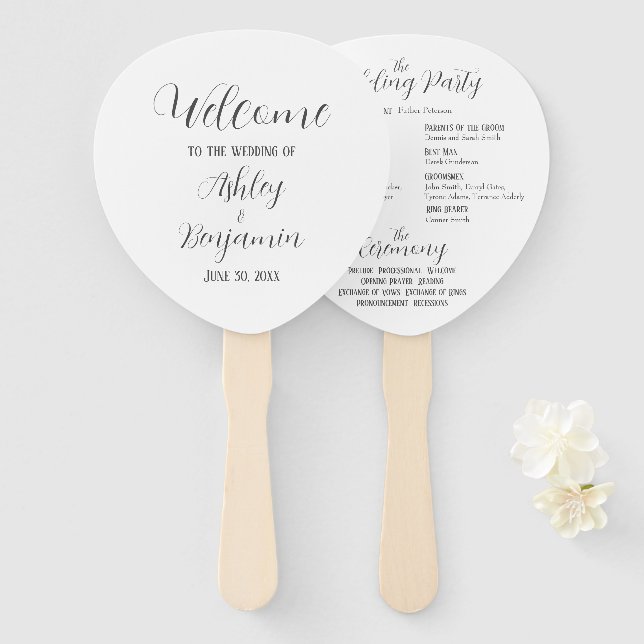 Éventail Programme de cérémonie de Mariage simple blanc (Devant et derrière)