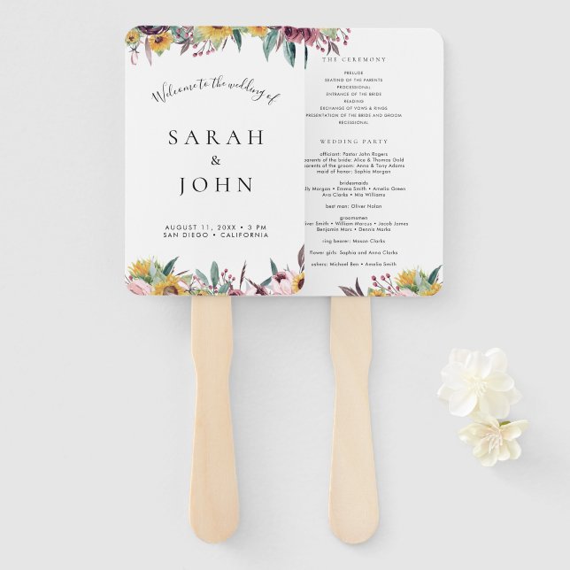Éventail Programme de cérémonie de mariage Sunflower Rose B (Devant et derrière)