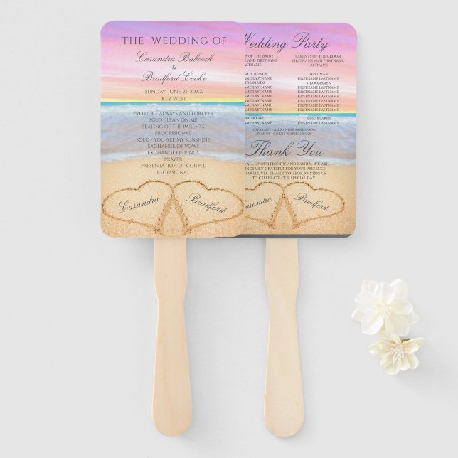 Éventail Programme de cérémonie de mariage sur la plage Cœu (Devant et derrière)