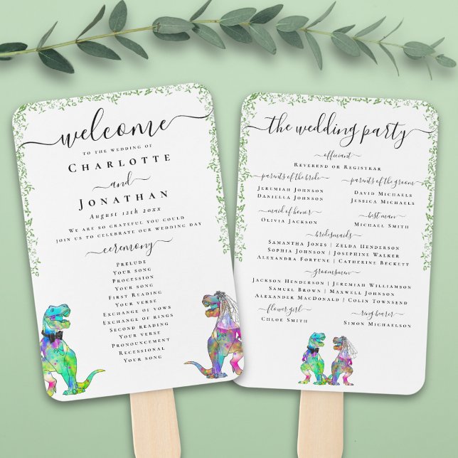 Éventail Programme de cérémonie de mariage sur le thème des (Colorful T-Rex bride and groom funny dinosaur wedding ceremony program fan Watercolor foliage)