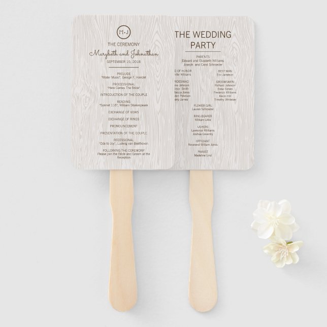 Éventail Programme de cérémonie des Mariages de bois rustiq (Devant et derrière)