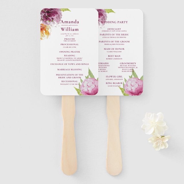 Éventail Programme de cérémonie des Mariages floraux d'aqua (Devant et derrière)
