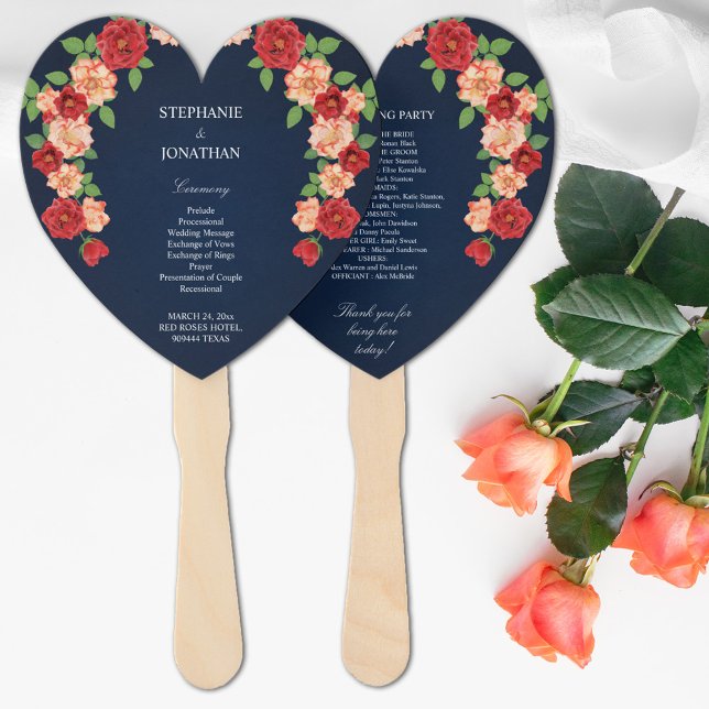 Éventail Programme de cérémonie des Mariages Roses de la Ma (Navy Blue Red Orange Rose Wedding Ceremony Program Hand Fan)