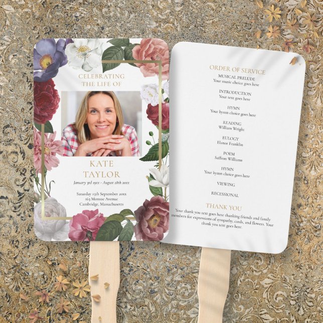 Éventail Programme de cérémonie funéraire photo florale (Floral Funeral Photo Order Of Service Program Hand Fan)